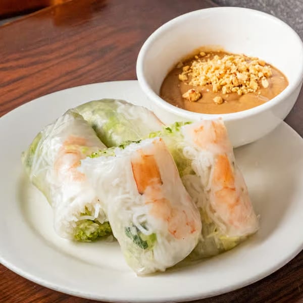 Anise Viet Cuisine's fresh spring rolls with shrimp, vermicelli, and greens, served with peanut sauce.