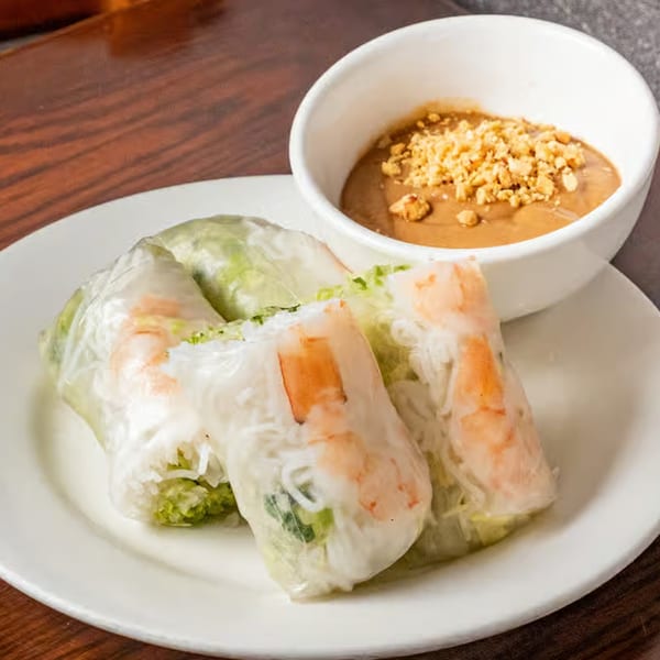 Anise Viet Cuisine's fresh spring rolls with shrimp, vermicelli, and greens, served with peanut sauce.
