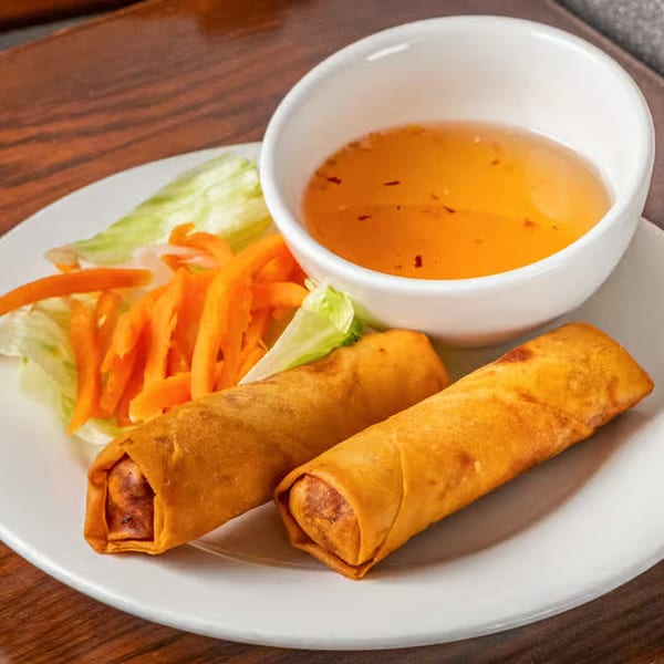Two crispy Vietnamese egg rolls with shredded carrots, lettuce, and a side of dipping sauce.