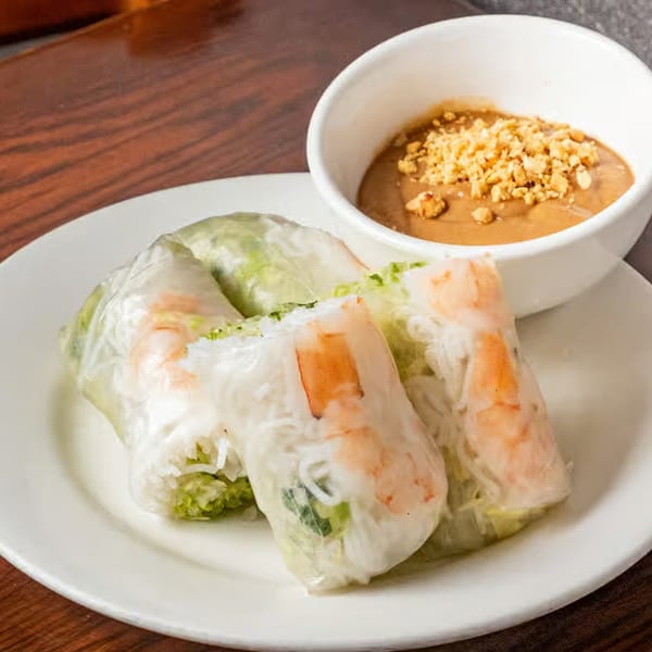 Anise Viet Cuisine's fresh spring rolls with shrimp, vermicelli, and greens, served with peanut sauce.